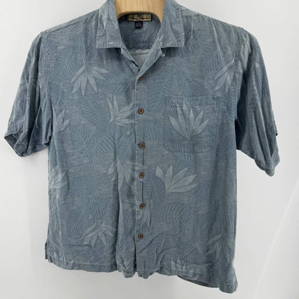 Tommy Bahama Mens Large Blue 100% Silk Tropical Leaf Jacquard Camp Shirt L - Picture 3 of 7
